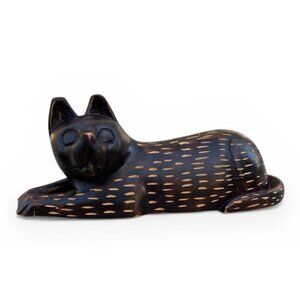 Vtg Hand Carved Wooden Cat Figure Dark Brown With Tan Accents